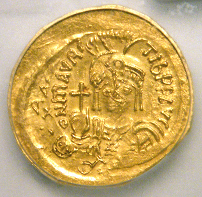 582-602 AD gold solidus of Maurice Tiberius "FLIP-OVER DBL. STRUCK"