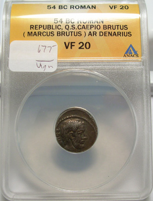 (MARCUS BRUTUS) Q.S. CAEPIO BRUTUS, 54 B.C., Silver Denarius