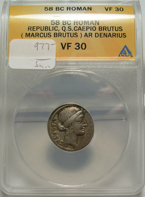 (MARCUS BRUTUS) Q.S. CAEPIO BRUTUS, 58 B.C., Silver DENARIUS