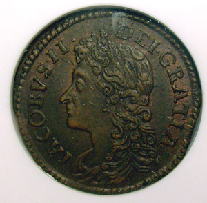 1689 6-PENCE  JAMES II  "GUN MONEY"